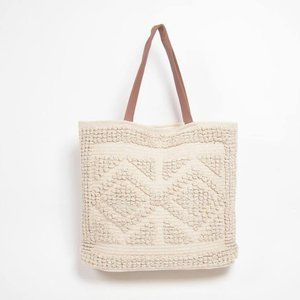 Handmade Tufted Cotton Tote Bag with Faux leather handles Boho Bag for Beach Cut